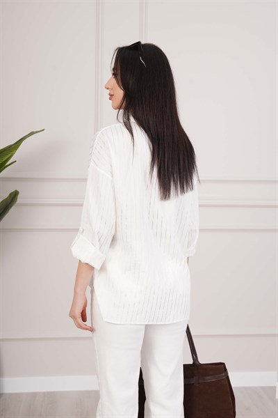 Sunshine Çizgili Kontrast Ekru Gömlek