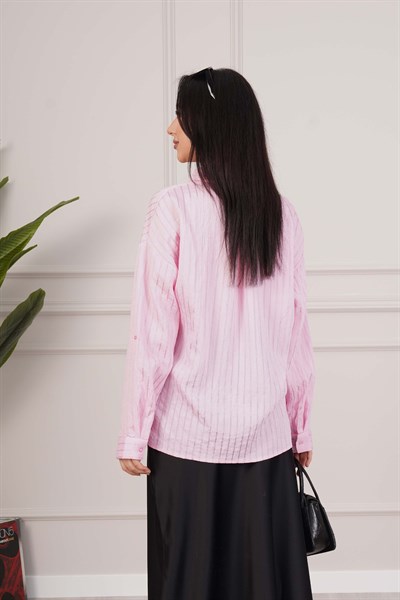 Sunshine Çizgili Kontrast Pembe Gömlek