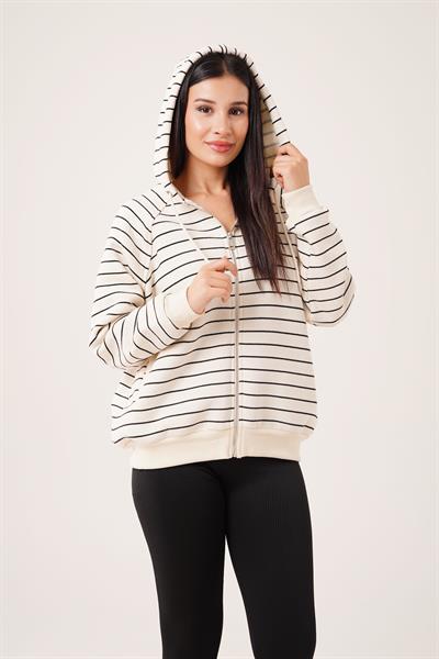 İnce Çizgili Kapüşonlu Bej Fermuarlı Hırka