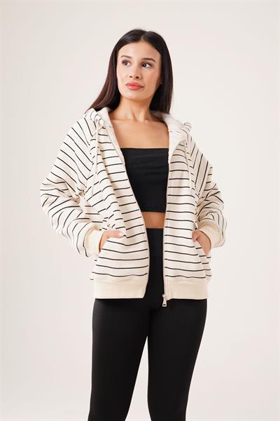 İnce Çizgili Kapüşonlu Bej Fermuarlı Hırka