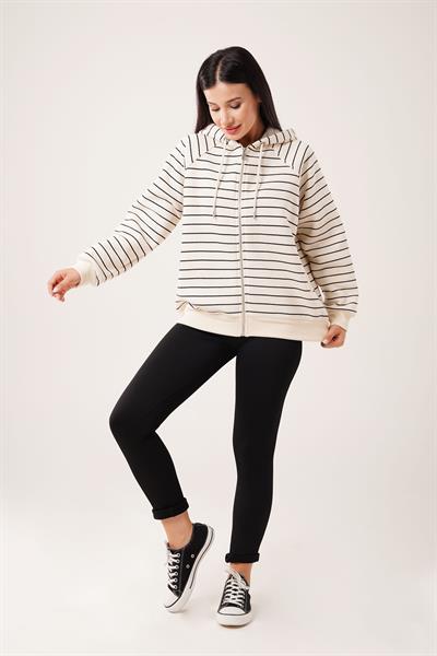 İnce Çizgili Kapüşonlu Bej Fermuarlı Hırka