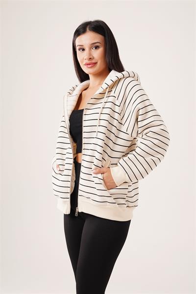 İnce Çizgili Kapüşonlu Bej Fermuarlı Hırka