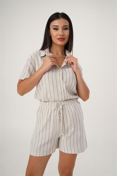 Çizgili Keten Gömlek Şort Takım