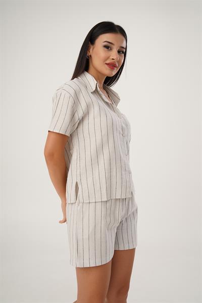 Çizgili Keten Gömlek Şort Takım