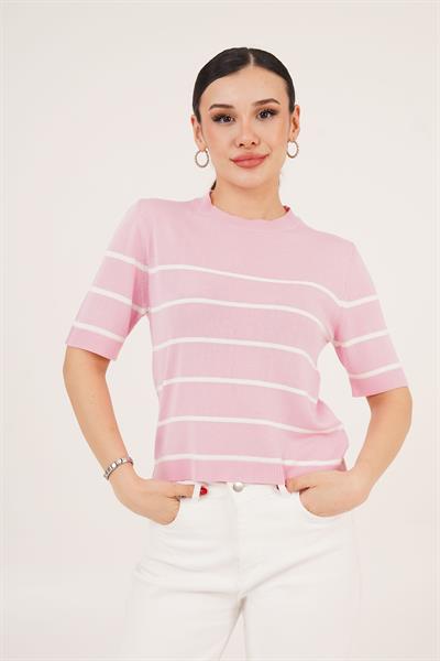 Çizgili Kısa Kol Pembe Bluz	