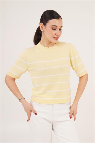 Çizgili Kısa Kol Sarı Bluz