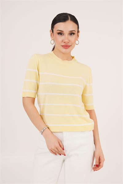 Çizgili Kısa Kol Sarı Bluz