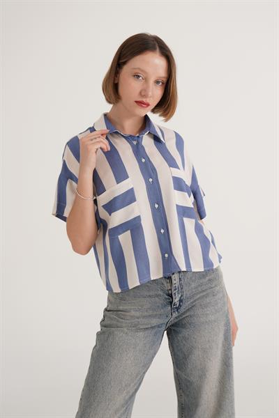 Çizgili Kısa Kol İndigo Gömlek