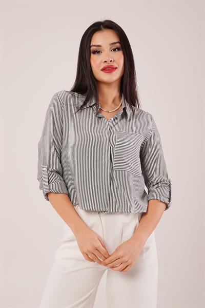 Çizgili Kol Katlamalı Antrasit Gömlek