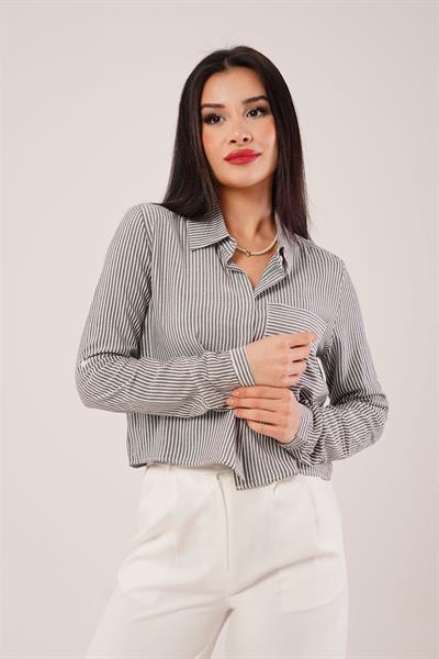Çizgili Kol Katlamalı Antrasit Gömlek