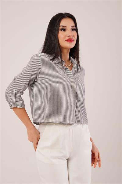 Çizgili Kol Katlamalı Antrasit Gömlek