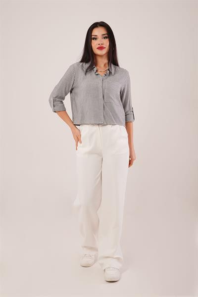 Çizgili Kol Katlamalı Antrasit Gömlek