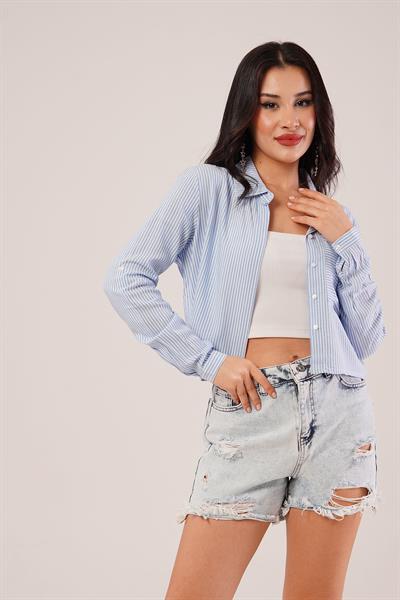 Çizgili Kol Katlamalı Mavi Gömlek