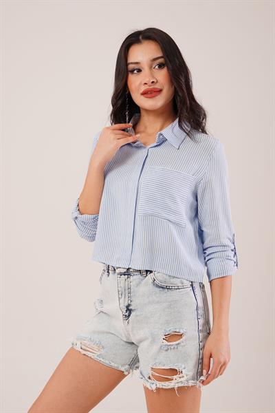 Çizgili Kol Katlamalı Mavi Gömlek