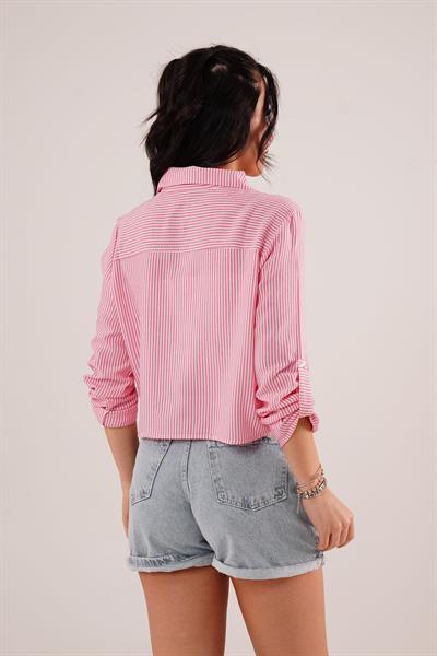 Çizgili Kol Katlamalı Pembe Gömlek