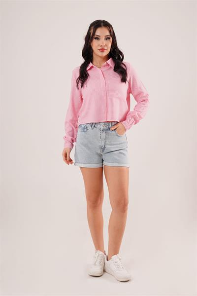 Çizgili Kol Katlamalı Pembe Gömlek