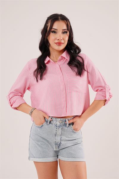 Çizgili Kol Katlamalı Pembe Gömlek