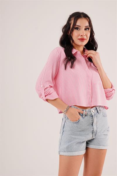 Çizgili Kol Katlamalı Pembe Gömlek