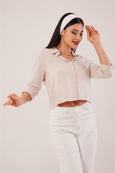 Çizgili Kol Katlamalı S.Kahve Gömlek