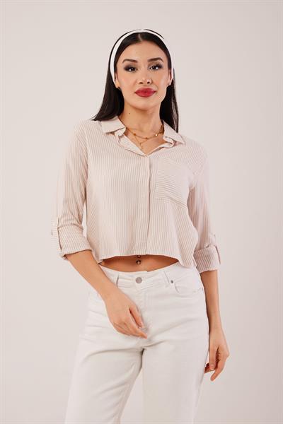 Çizgili Kol Katlamalı S.Kahve Gömlek