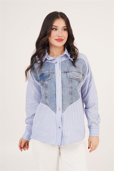 Çizgili Gömlek Kalp Detay Denim Çıtçıtlı Mavi Gömlek