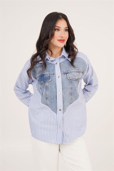Çizgili Gömlek Kalp Detay Denim Çıtçıtlı Mavi Gömlek