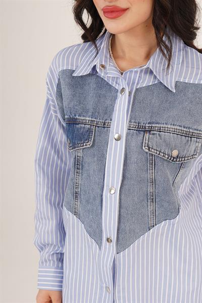 Çizgili Gömlek Kalp Detay Denim Çıtçıtlı Mavi Gömlek