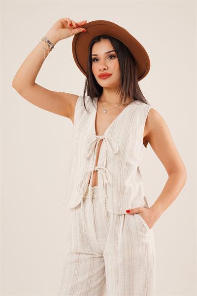 Ön Bağlama Detaylı Yelek ve Pantolon Camel Çizgili İkili Takım	