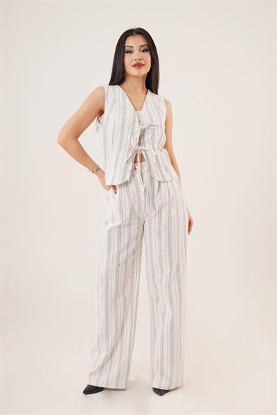 Ön Bağlama Detaylı Yelek ve Pantolon Siyah Çizgili İkili Takım	