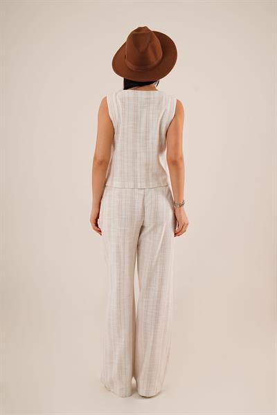 Ön Bağlama Detaylı Yelek ve Pantolon Camel Çizgili İkili Takım	