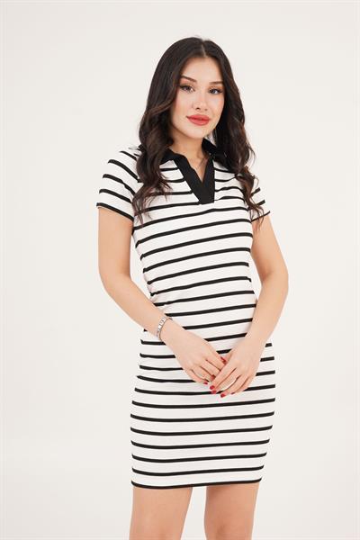 Ribanalı Çizgili Polo Yaka Beyaz Elbise