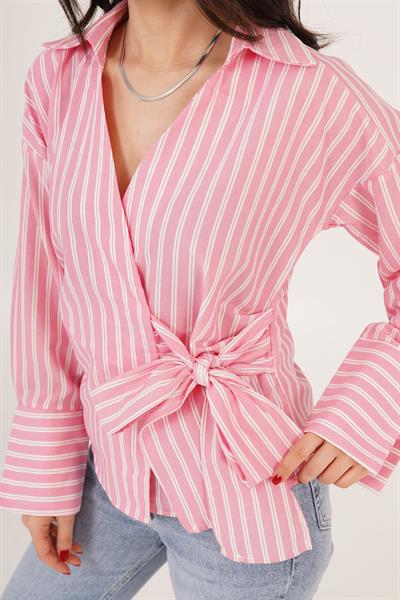 Yandan Bağlama Detaylı Çizgili Pembe Gömlek