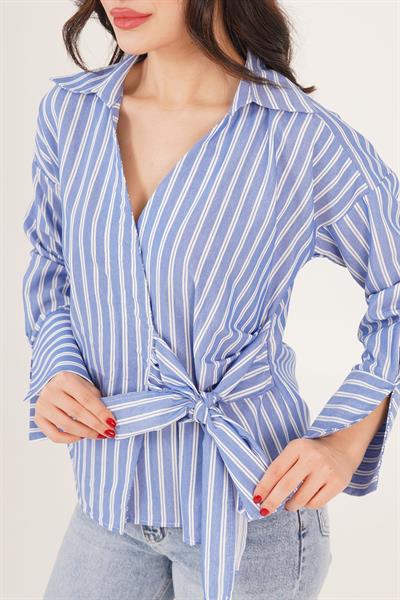 Yandan Bağlama Detaylı Çizgili Mavi Gömlek