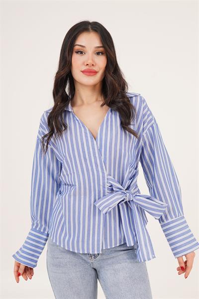 Yandan Bağlama Detaylı Çizgili Mavi Gömlek