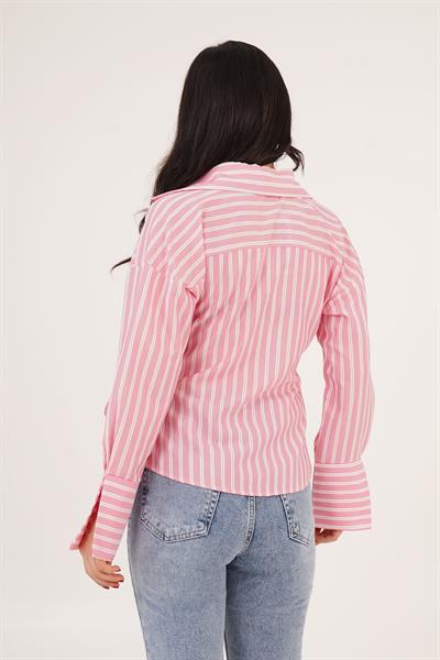 Yandan Bağlama Detaylı Çizgili Pembe Gömlek