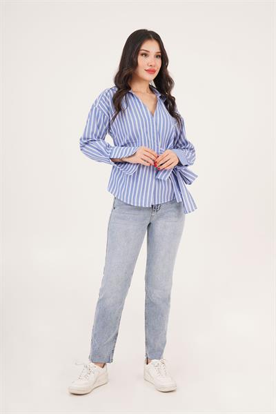 Yandan Bağlama Detaylı Çizgili Mavi Gömlek