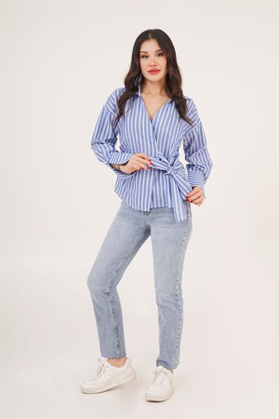 Yandan Bağlama Detaylı Çizgili Mavi Gömlek