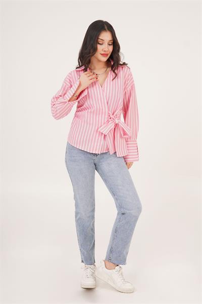 Yandan Bağlama Detaylı Çizgili Pembe Gömlek