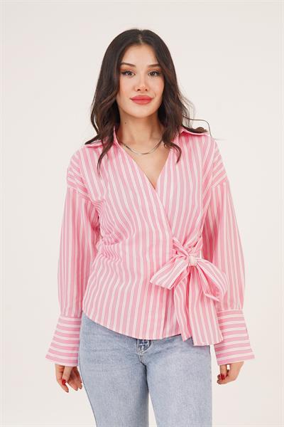 Yandan Bağlama Detaylı Çizgili Pembe Gömlek