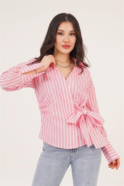 Yandan Bağlama Detaylı Çizgili Pembe Gömlek