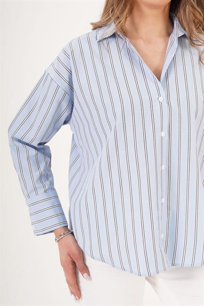 Çizgili Arkası Pile Detaylı Terrycotton Mavi Gömlek