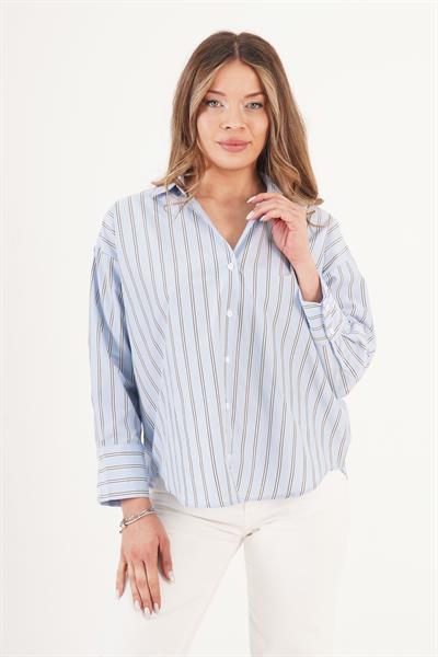 Çizgili Arkası Pile Detaylı Terrycotton Mavi Gömlek