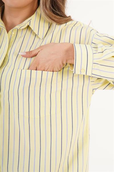 Çizgili Arka Düğme Detaylı Terrycotton Sarı Gömlek