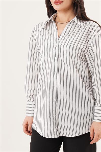 Çift Çizgi Geçişli Düğmeli Siyah Gömlek	