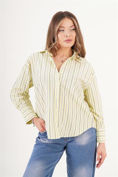 Çizgili Arkası Pile Detaylı Terrycotton Sarı Gömlek