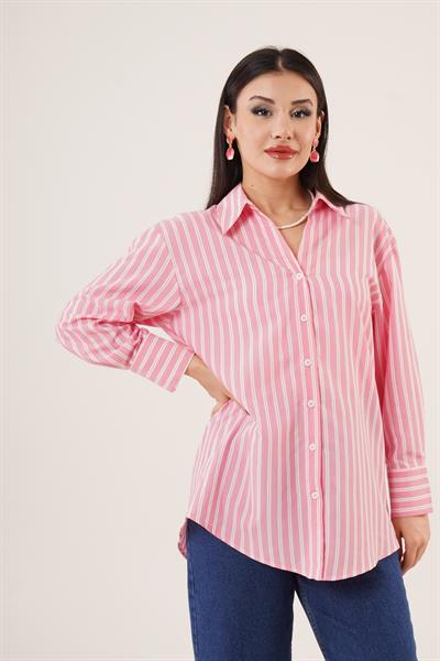 Çift Çizgi Geçişli Düğmeli Pembe Gömlek	