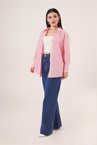 Çift Çizgi Geçişli Düğmeli Pembe Gömlek	