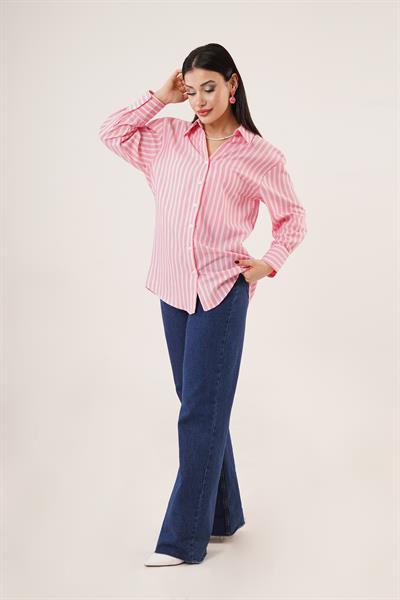 Çift Çizgi Geçişli Düğmeli Pembe Gömlek	