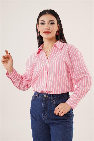 Çift Çizgi Geçişli Düğmeli Pembe Gömlek	