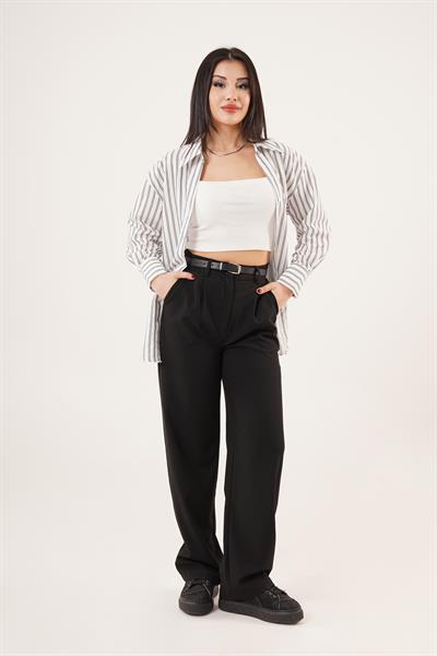 Çift Çizgi Geçişli Düğmeli Siyah Gömlek	